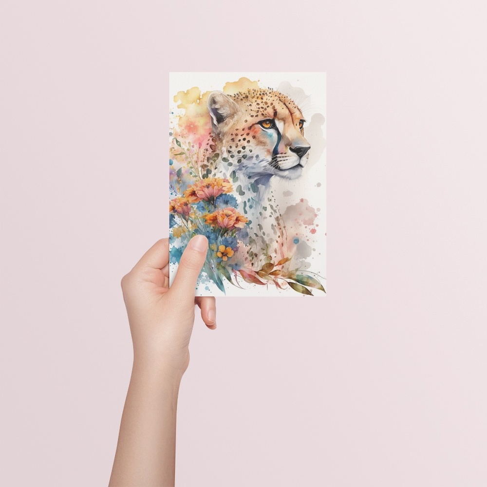 Cute Floral Cheetah Watercolor Wall Art Illustration Print Poster Card Unframed - Picture 5 of 8